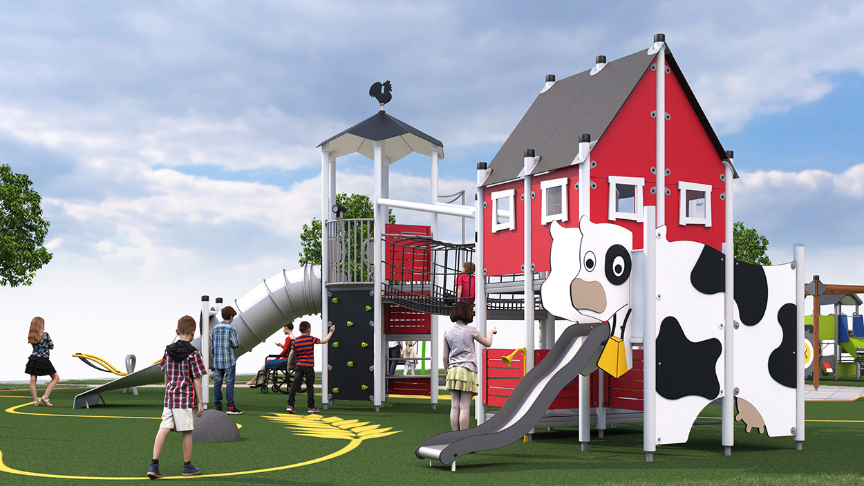 Custom designed playground in theming of Farm. It has a large playground unit which resembles a red barn, and a large cow with a slide.